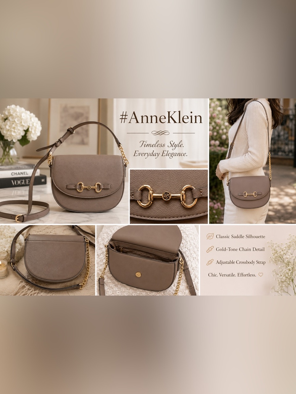 Anne Klein Taupe Crossbody Saddle Bag with Gold Hardware